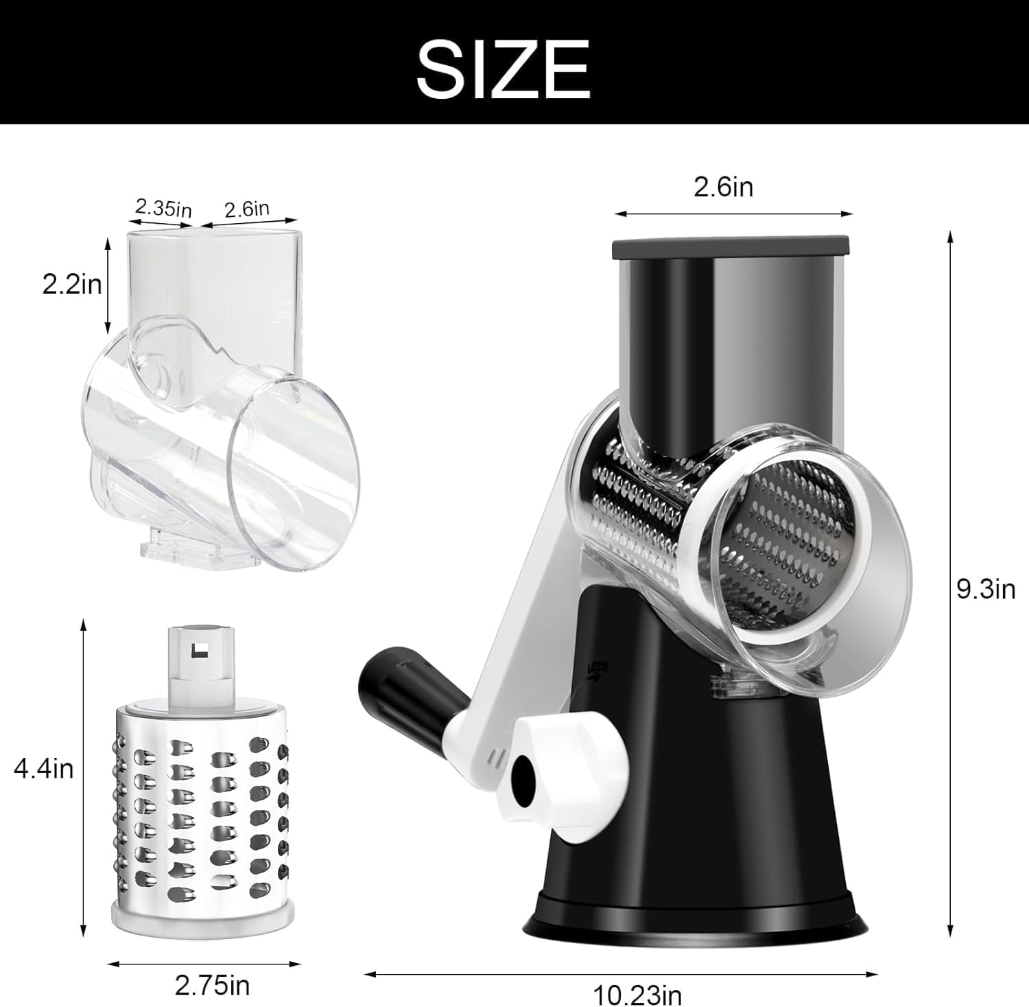 Rotary Cheese Grater Hand Crank Cheese Shredder for Fresh Cheese, Vegetable, Nuts,Non-Slip Suction Base, Three Blades, Black