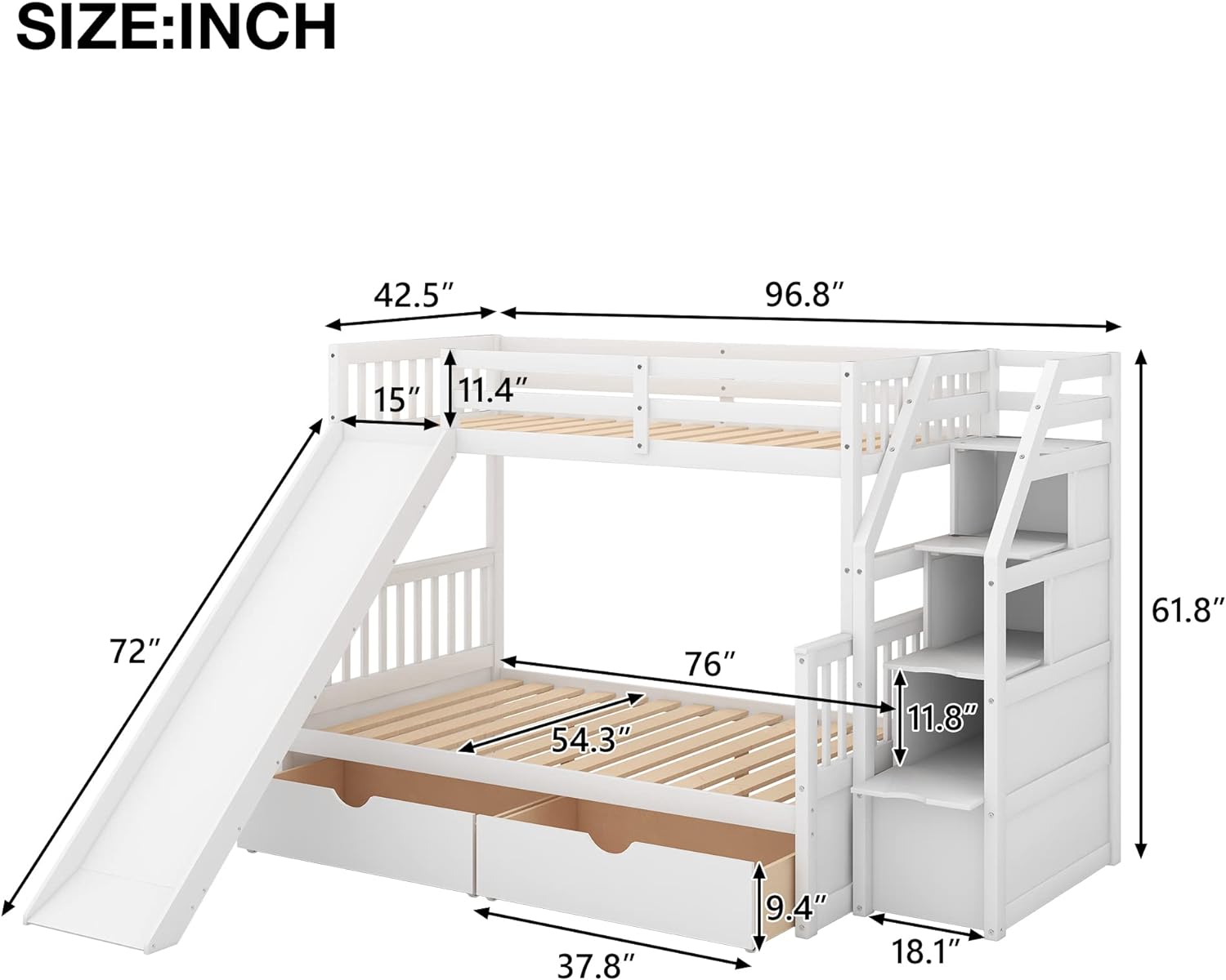 Full over Twin & Twin Bunk Bed with Drawer & Ladder, Triple Bunkbeds Wooden for Kids, Teens, Adults, Gray, White