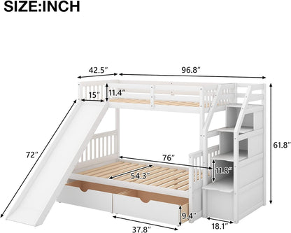 Full over Twin & Twin Bunk Bed with Drawer & Ladder, Triple Bunkbeds Wooden for Kids, Teens, Adults, Gray, White