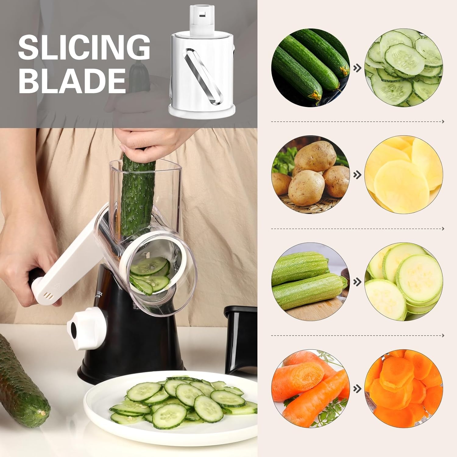 Rotary Cheese Grater Hand Crank Cheese Shredder for Fresh Cheese, Vegetable, Nuts,Non-Slip Suction Base, Three Blades, Black