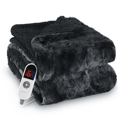 Heated Blanket Electric Throw 50" X 60", Soft Faux Fur & Shu Velvet Heated Throw Blanket, 6 Heating Levels, 4 Hours Timer, Tie-Dye off Black